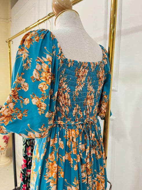 Summer Floral Puffer Sleeves Long Tiered Maxi Dress